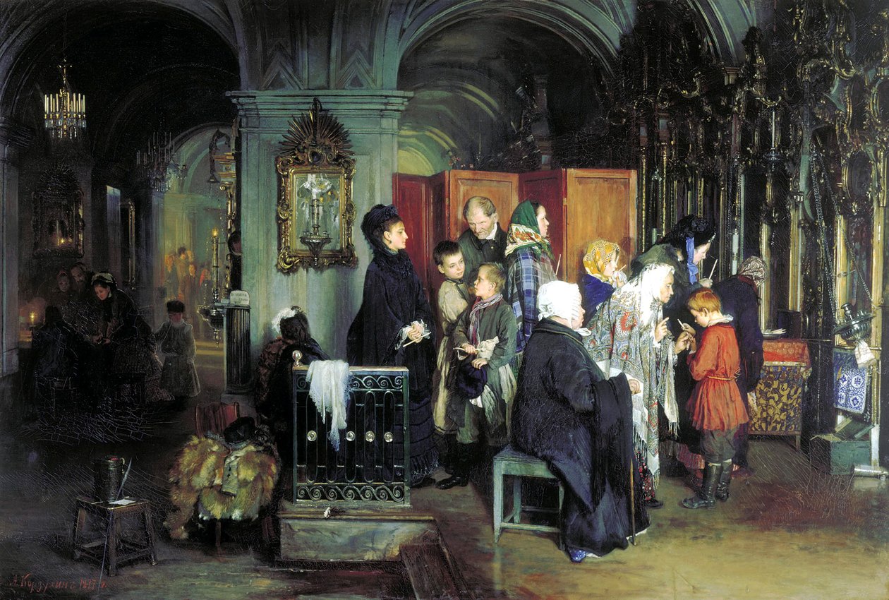 Voor de biecht, 1877 door Alexei Ivanovich Korzukhin