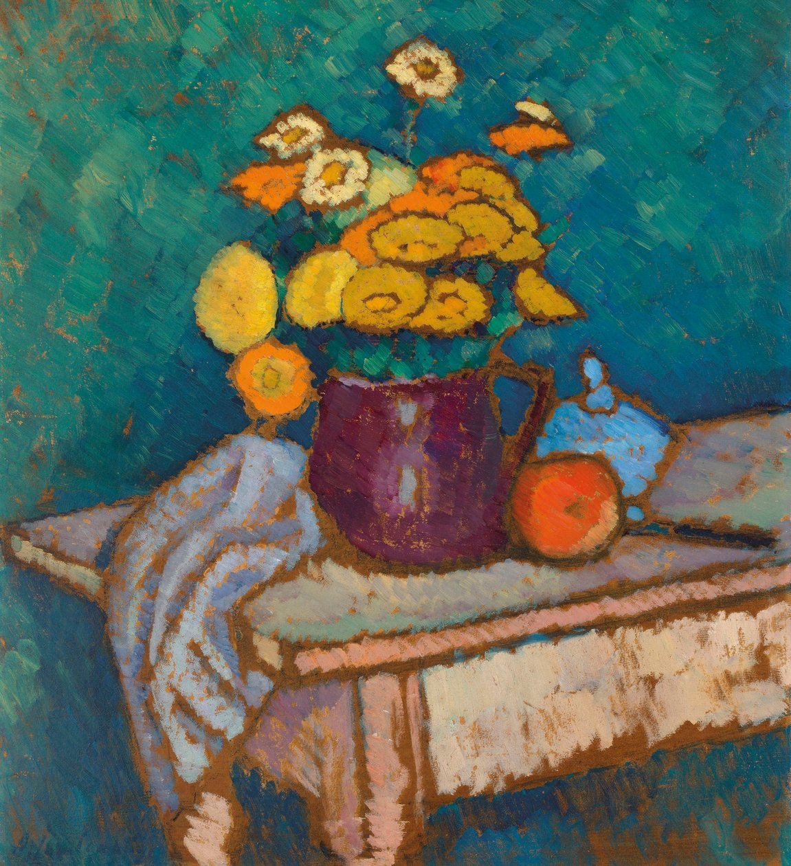 Stilleven met doek, bloemen in kruik en appel, 1909-1910 door Alexei Javlensky von