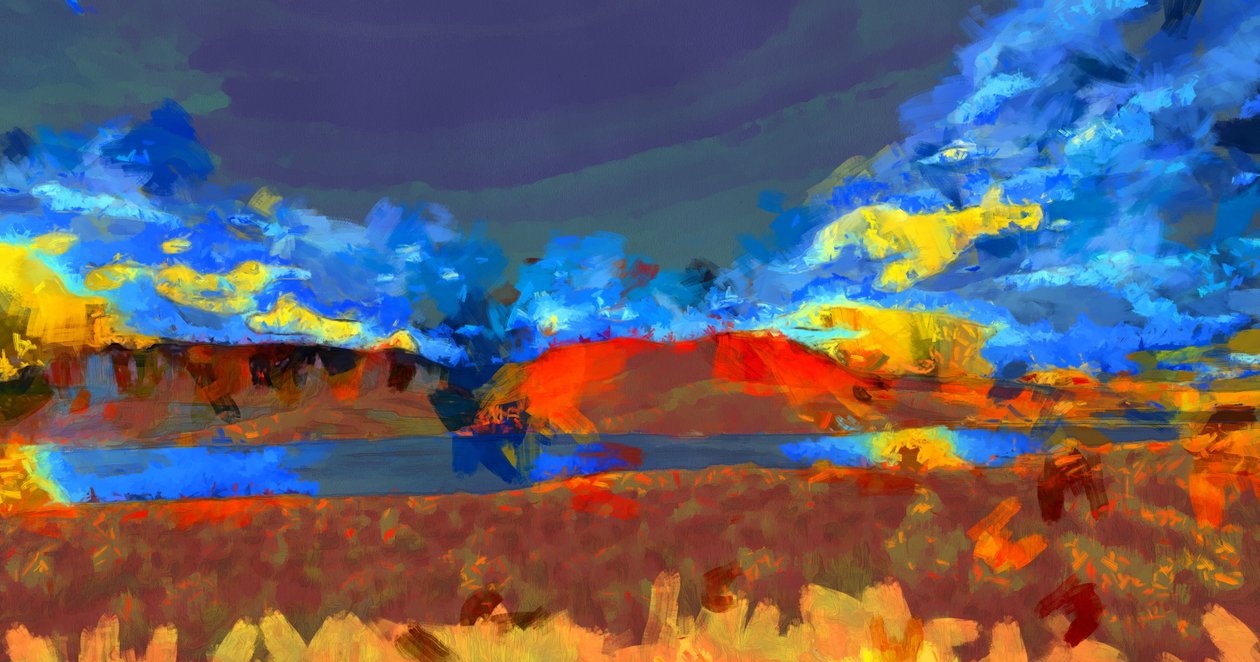 Landschap met meer,2020,(gemengde techniek) door Alexei Makhov