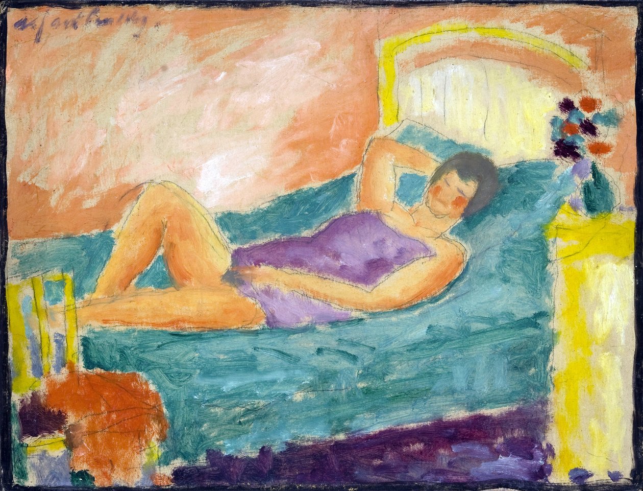 Het liggende meisje. Werk van Alexei von Javlensky, olie op karton door Alexej von Jawlensky