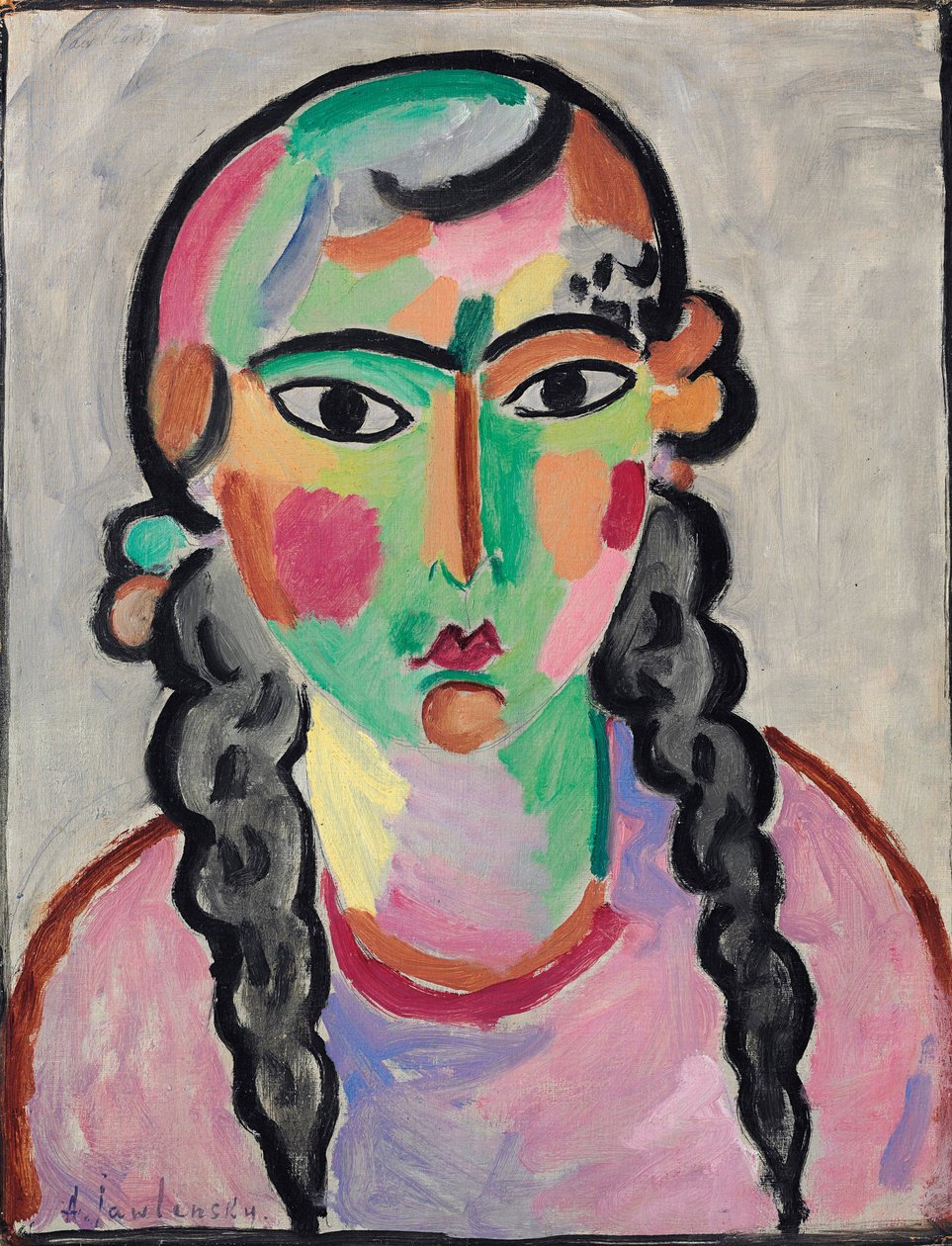 Het bleke meisje met grijze vlechten door Alexej von Jawlensky