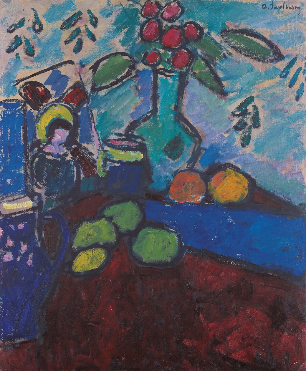 Stilleven met omgekeerd glazen schilderij, groene vaas en fruit door Alexej von Jawlensky