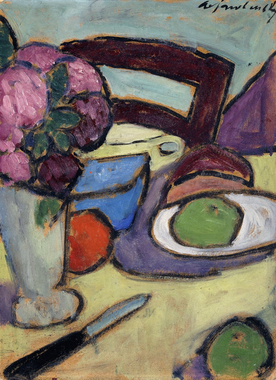 Stilleven met stoel en boeket; Stilleben mit Stuhl und Blumenstrasse, 1906 door Alexej von Jawlensky