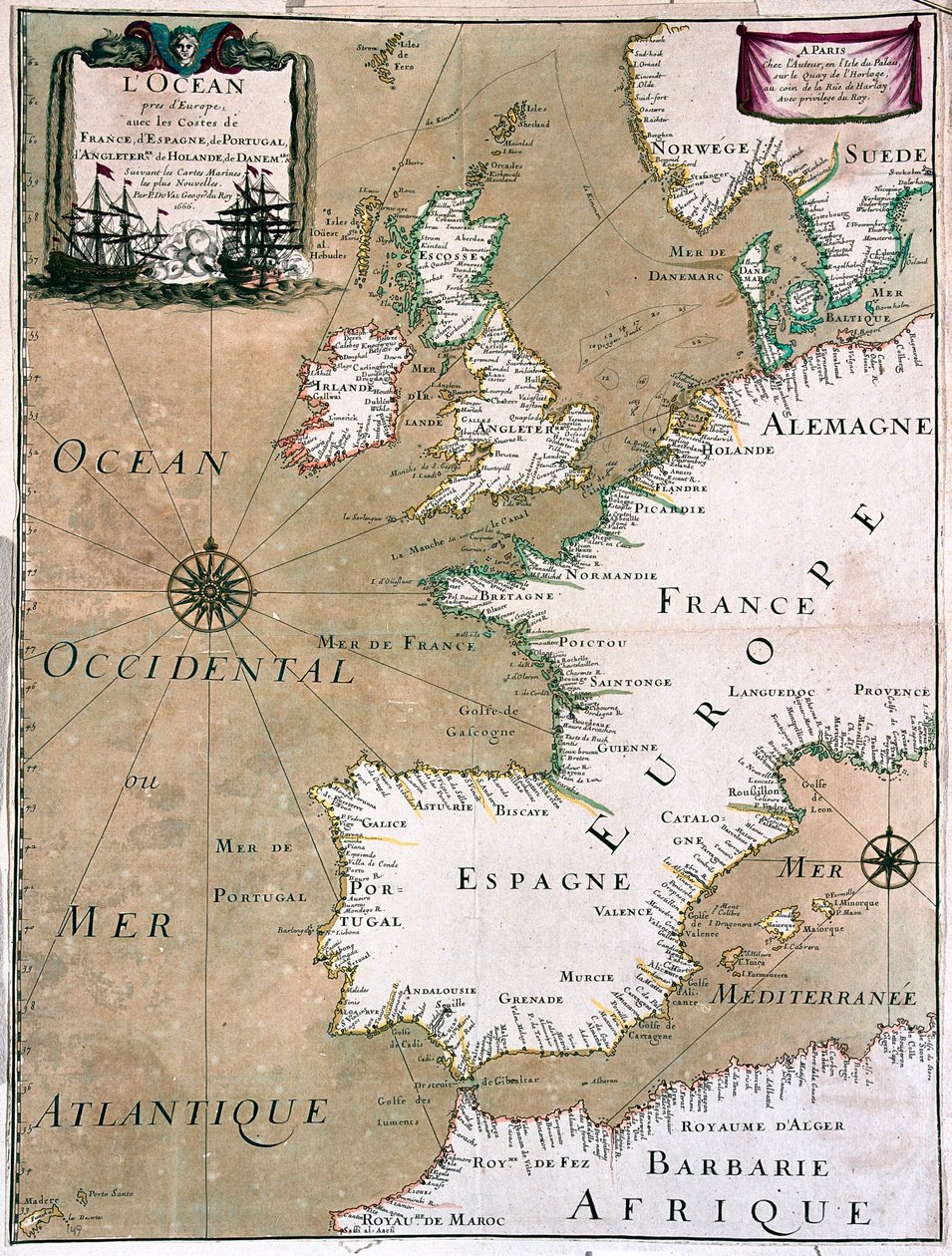 De Oceaan met de kust van Frankrijk, Spanje, Portugal, Engeland, Nederland, Denemarken - door A door Alexis Hubert Jaillot