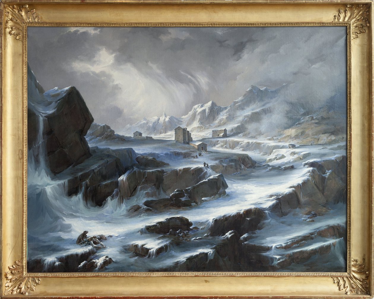 De Col du Grand Saint Bernard, een romantische scène die de besneeuwde bergpas toont door Alexis Nicolas Noël