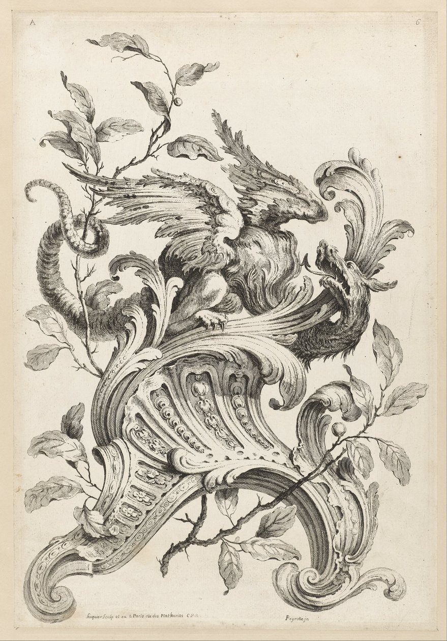 Gevleugelde griffioen op een rocaille console, uit Premiere Partie Diverse Ornements door Alexis Peyrotte