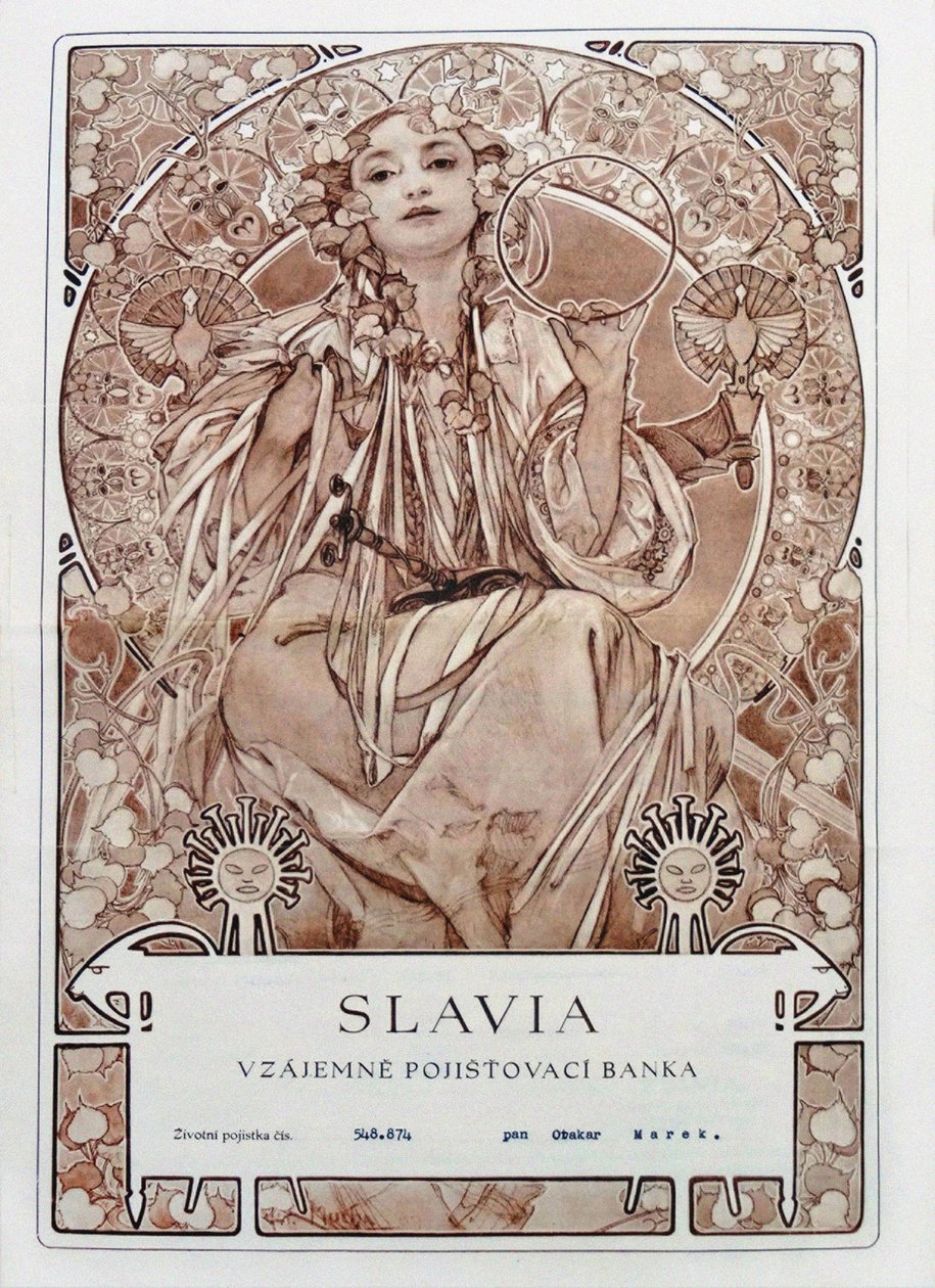 Verzekeringspolis van Slavia Verzekeringsmaatschappij, 1942 door Alfons Marie Mucha