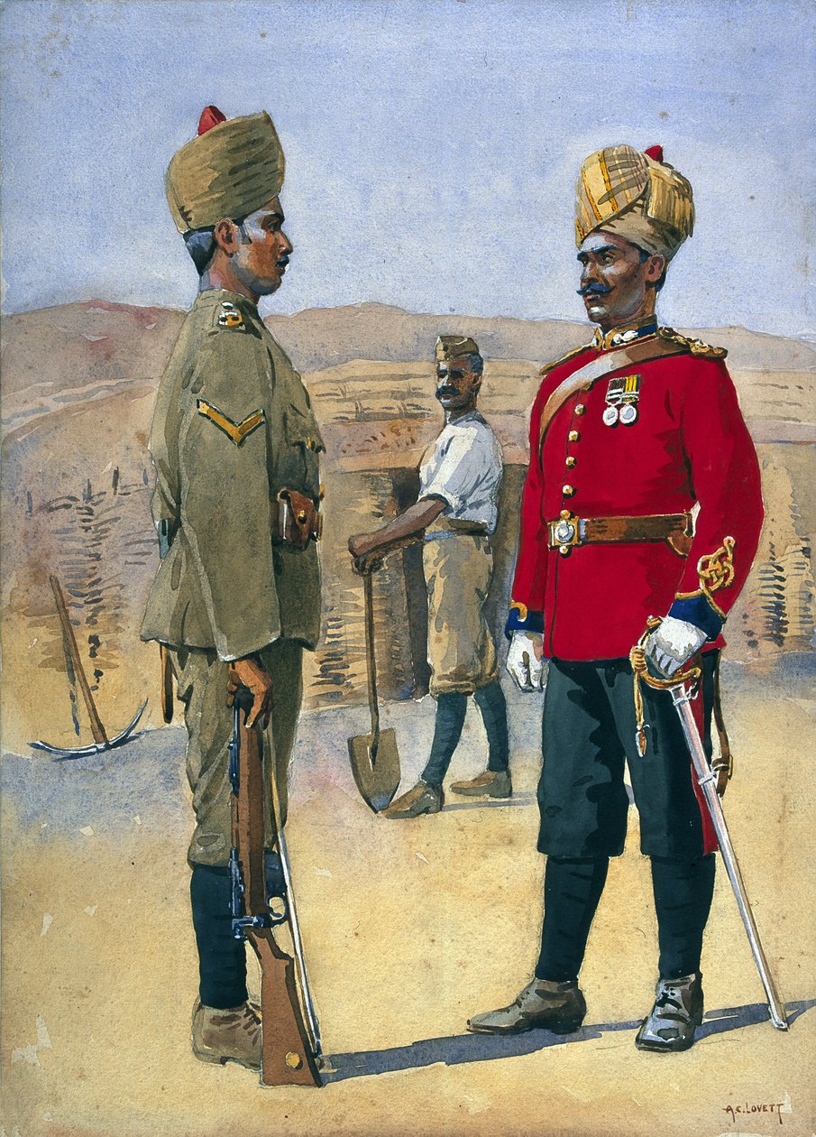 Soldaten van de 3e Sappers en Miners Lance, Naik, Brahman van Oudh. Jemadah, Dekhani Mahratti, illustratie voor 