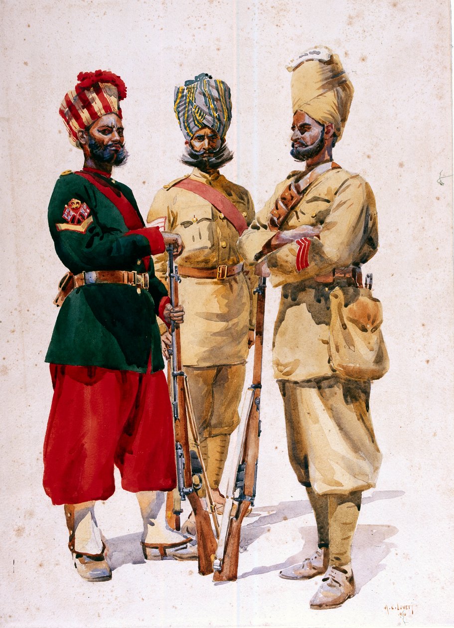 Soldaten van het 43e Erinpura Regiment, de 44e Merwara Infanterie en de 108e Infanterie, illustratie voor 