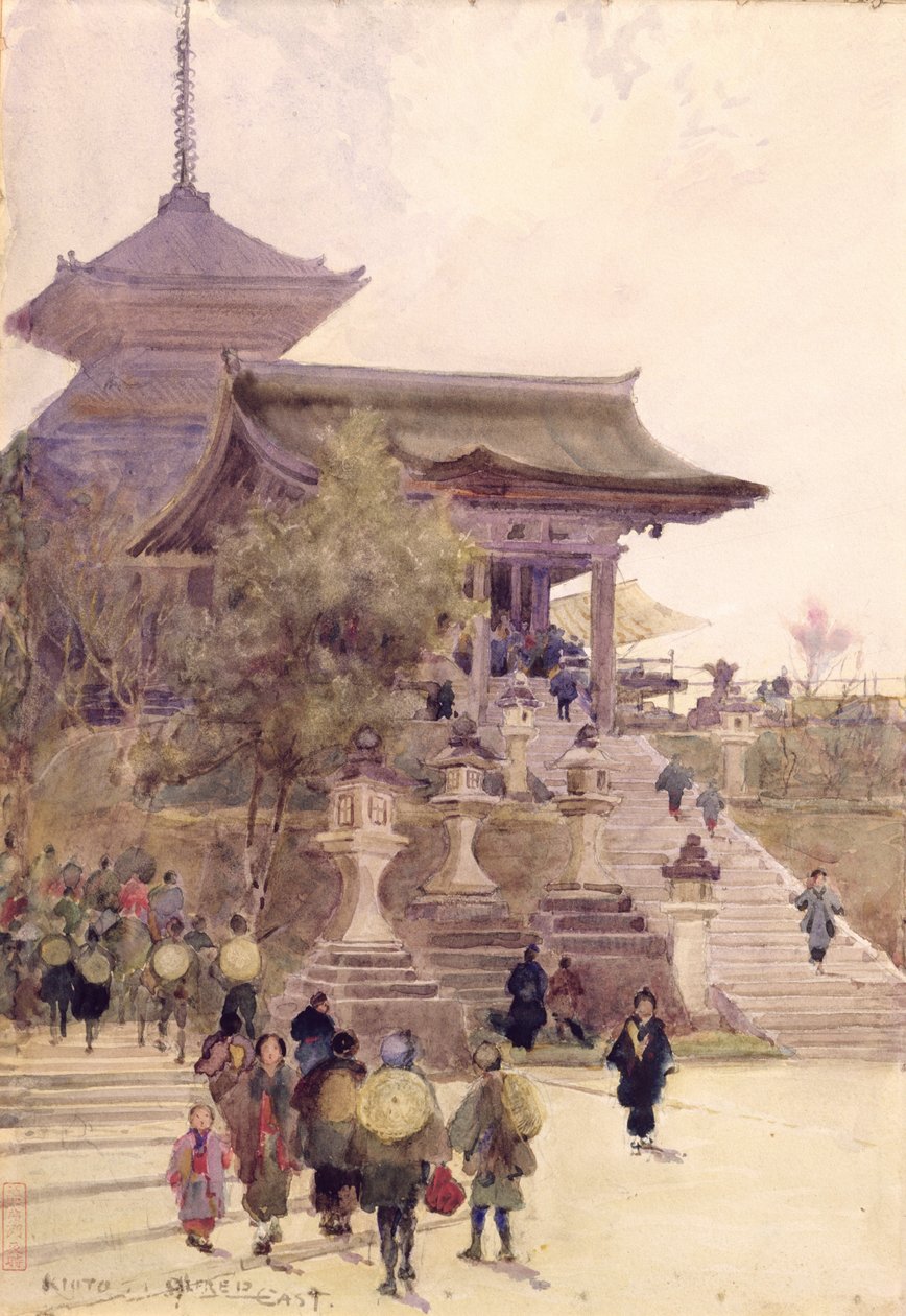 De ingang van de Tempel van Kiyomizu-Dera, Kyoto, met pelgrims die omhoog gaan door Alfred East