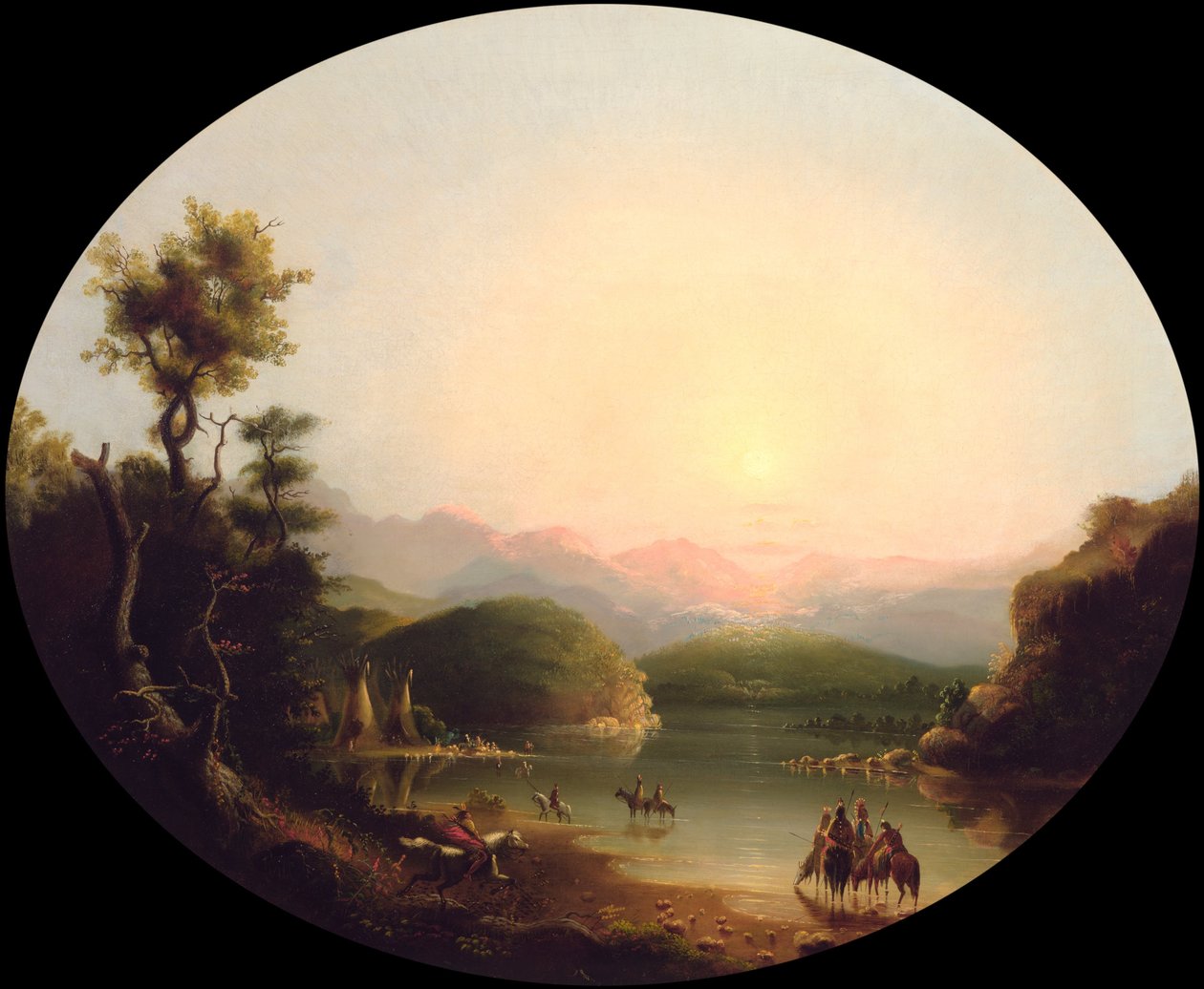 Shoshone Indianen bij een Bergmeer (Lake Fremont) door Alfred Jacob Miller