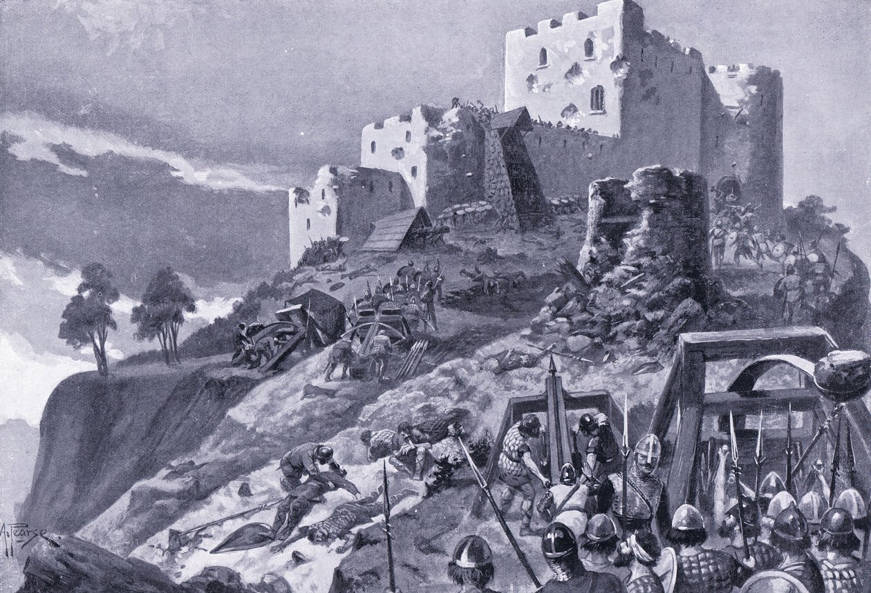 Aanval van de Welsh op Montgomery Castle AD1095, jaren 1920 door Alfred Pearse