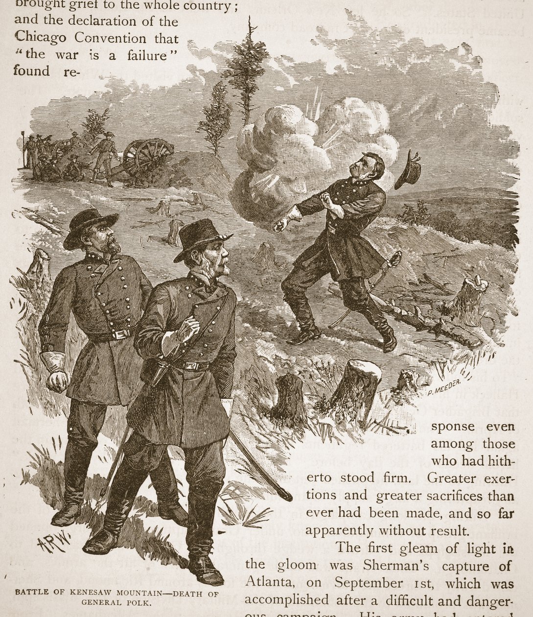 Slag bij Kenesaw Mountain - Dood van generaal Polk, uit een boek gepubliceerd in 1896 door Alfred Rudolph Waud