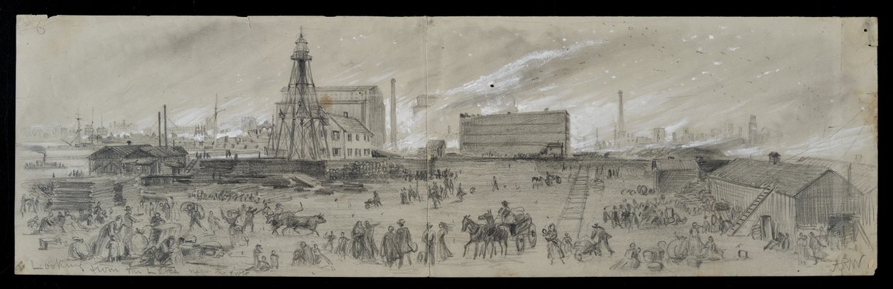 Het uitzicht vanaf Lake Michigan nabij de Chicago River tijdens de Chicago Fire van 1871 door Alfred Rudolph Waud