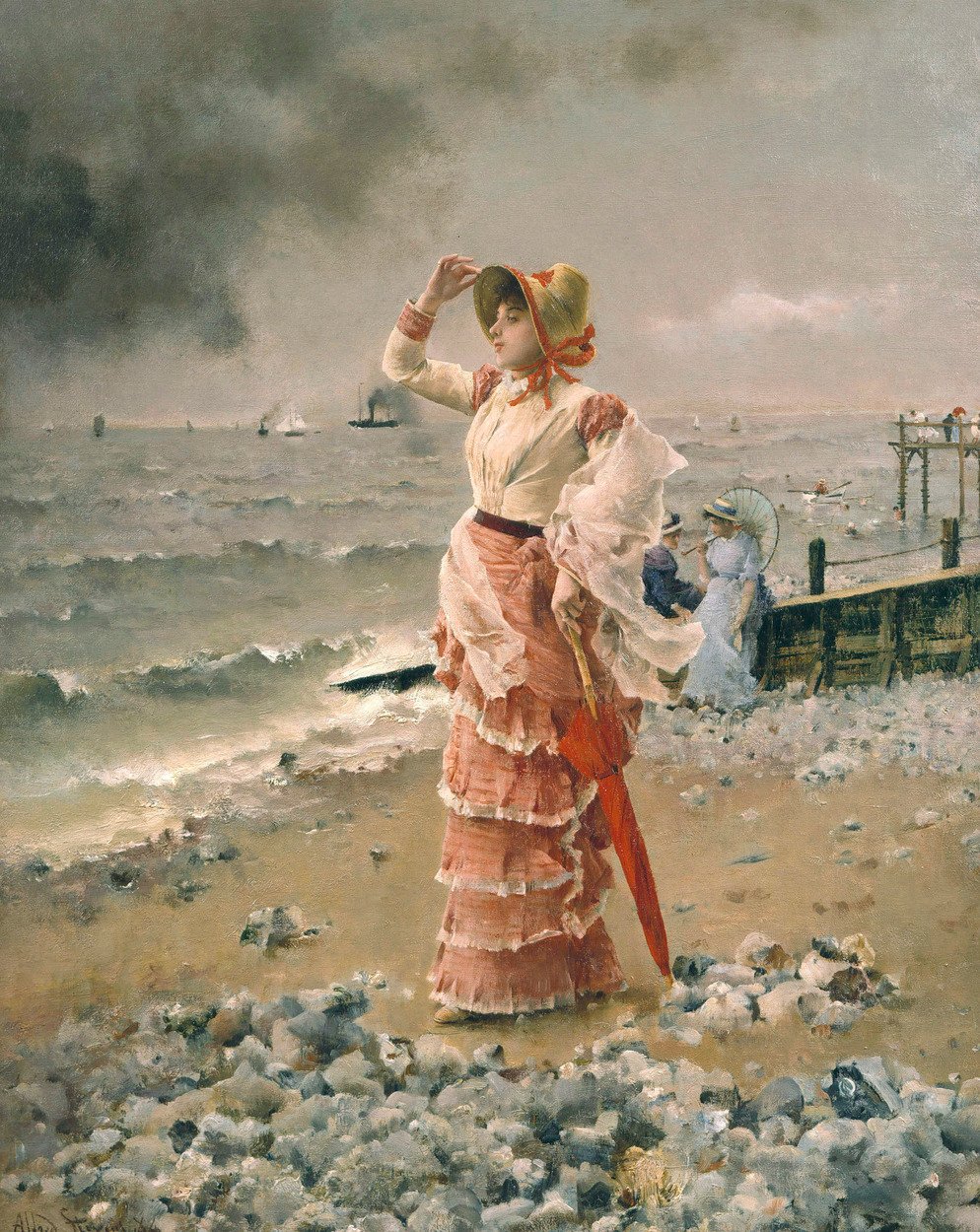 Elegante Vrouw die een Stoomboot Ziet door Alfred Emile Stevens