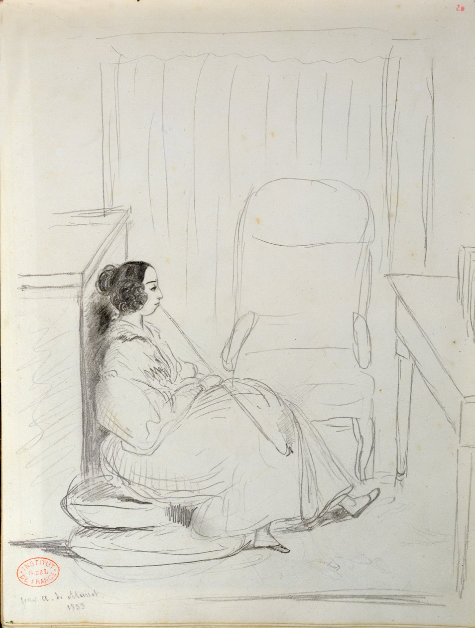 George Sand (1804-76) zittend en een pijp rokend, 1833 door Alfred de Musset