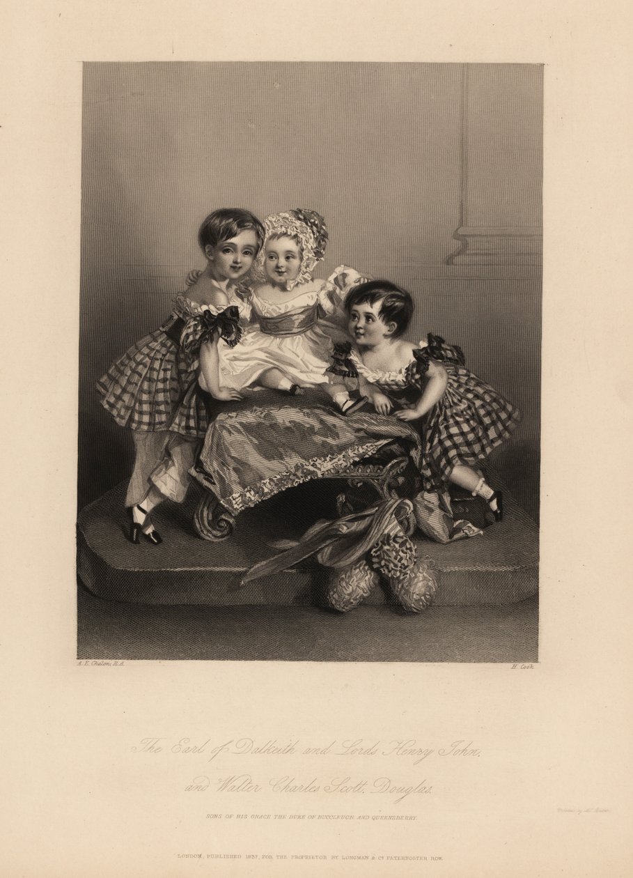 Earl of Dalkeith (William Henry), Henry John en Walter Charles Scott Douglas, zoon van de 5e hertog van Buccleuch, 7e hertog van Queensberry. Twee zonen dragen tartanjurken met linten, met de jongste in een bonnet en satijnen jurk. Staalgravure door H. Coo door Alfred Edward (after) Chalon