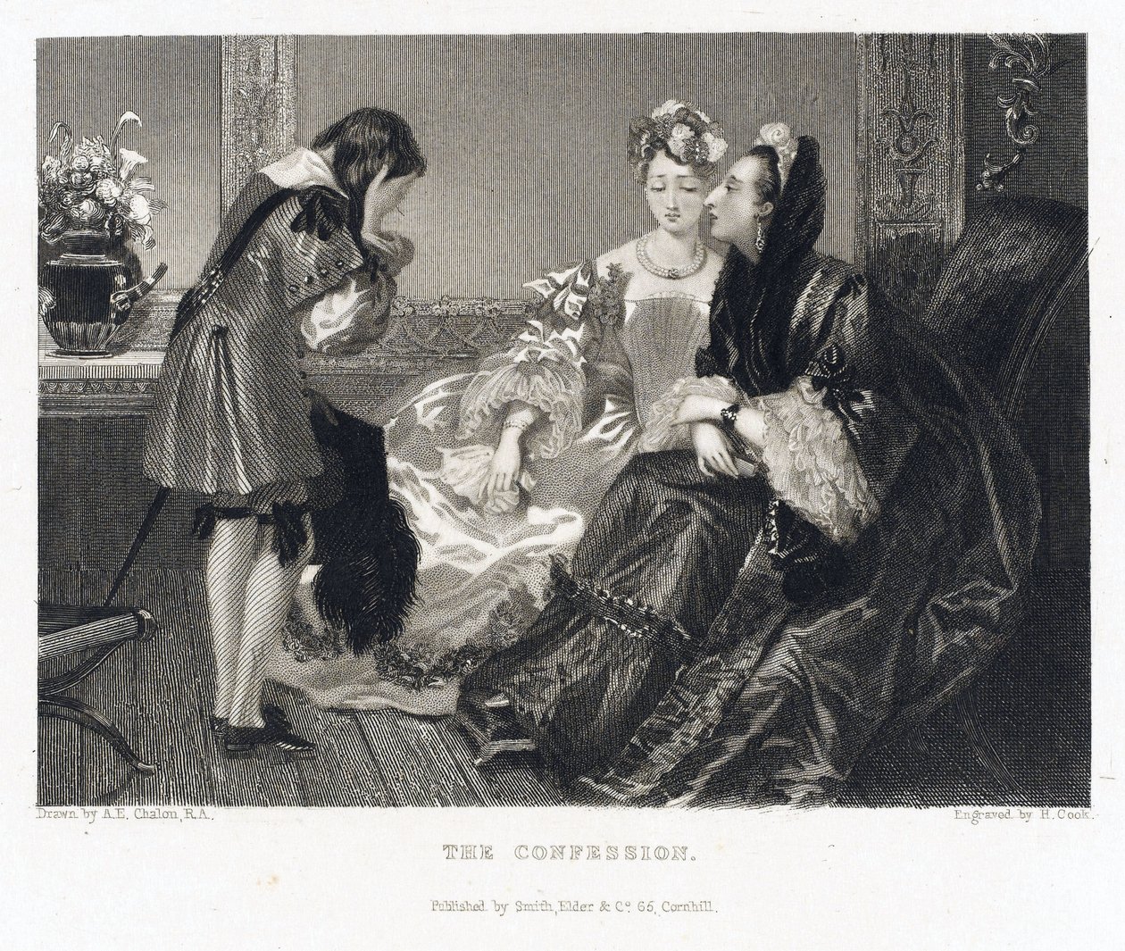 De biecht, verwijzend naar een verhaal met dezelfde titel, een vrouw in een grote zwarte jurk buigt voorover om de biecht van een jonge jongen te horen, die zijn gezicht met haar handen bedekt door Alfred Edward (after) Chalon