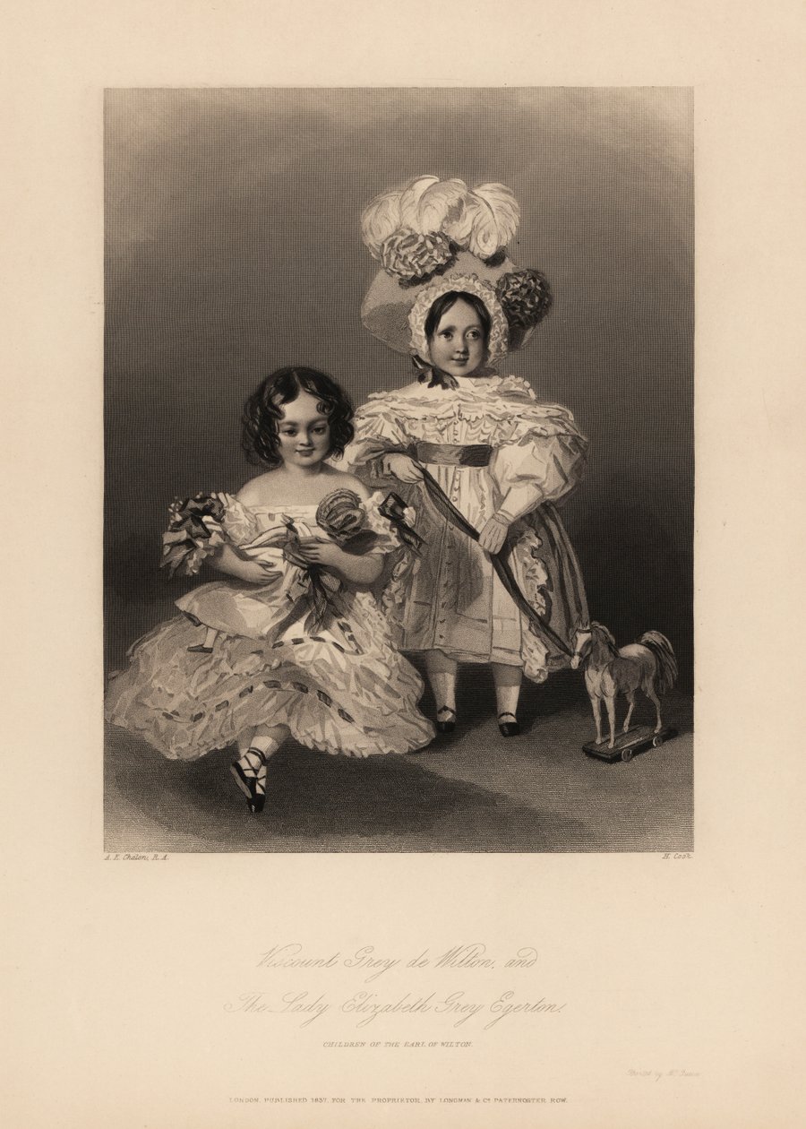 Burggraaf Grey de Wilton en Elizabeth Grey Egerton, kinderen van Thomas Egerton, 2e graaf van Wilton. Dochter in krullen en franjejurk met een pop, en zoon in jurk en verenbonnet met een lint vastgebonden aan een speelgoedpaard. Staalgravure door Henry door Alfred Edward (after) Chalon