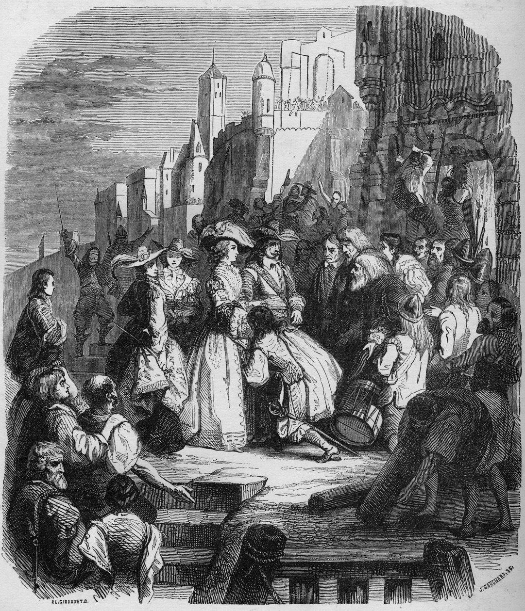 Mademoiselle de Montpensier betrad Orléans tijdens de Fronde op 27 maart 1652. Gravure naar het schilderij van Alfred Johannot (1800-1837). door Alfred (after) Johannot