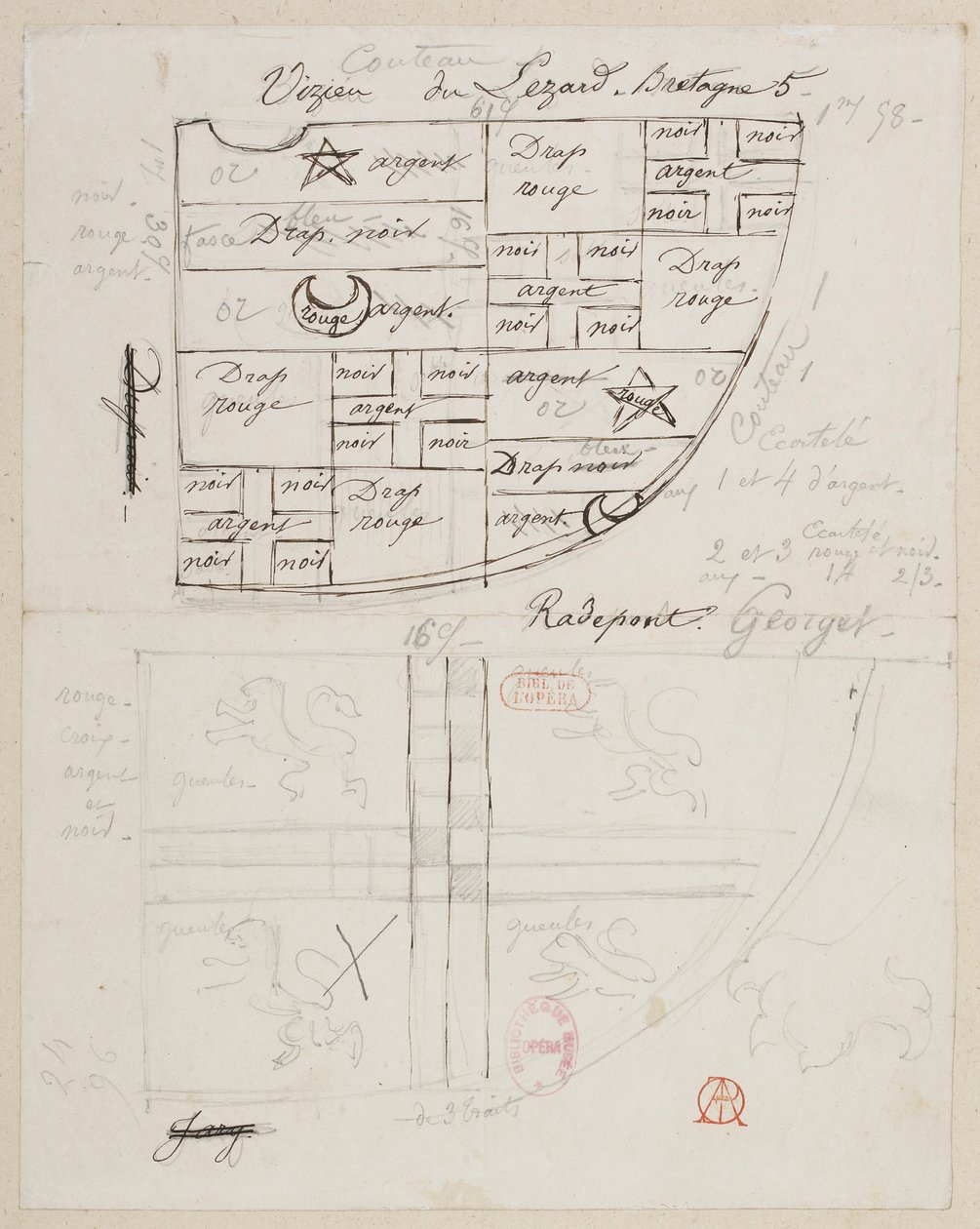 Halévy - La magicienne - kostuummodellen door Alfred Albert - 35 (Wapenschild). Vizieu du Lézard, Bretagne. De heren Couteau, Radepont, Georget door Alfred Albert