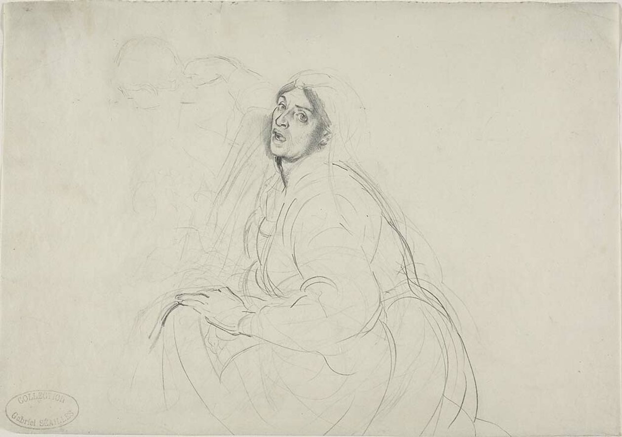 Zittende vrouw en schets van voorovergebogen figuur door Alfred Dehodencq