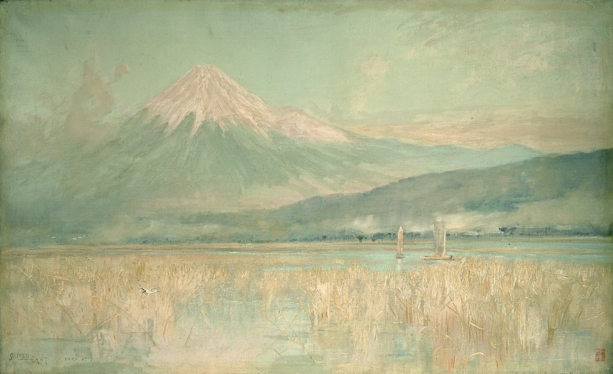 Dageraad op de Heilige Berg, de Fuji zon half verborgen in de wolken door Alfred East
