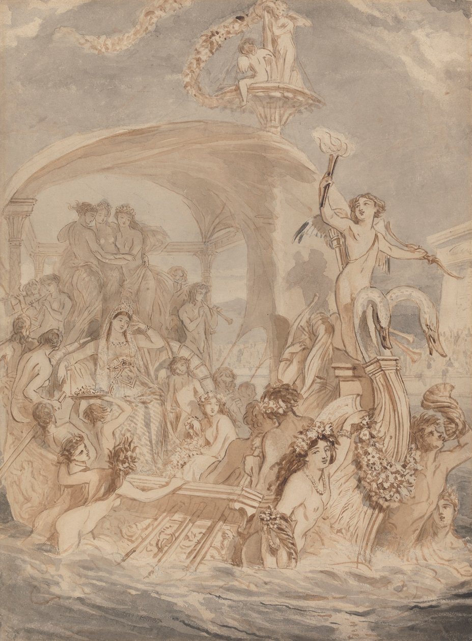 Cleopatra op de Cydnus om Antony te ontmoeten door Alfred Edward Chalon