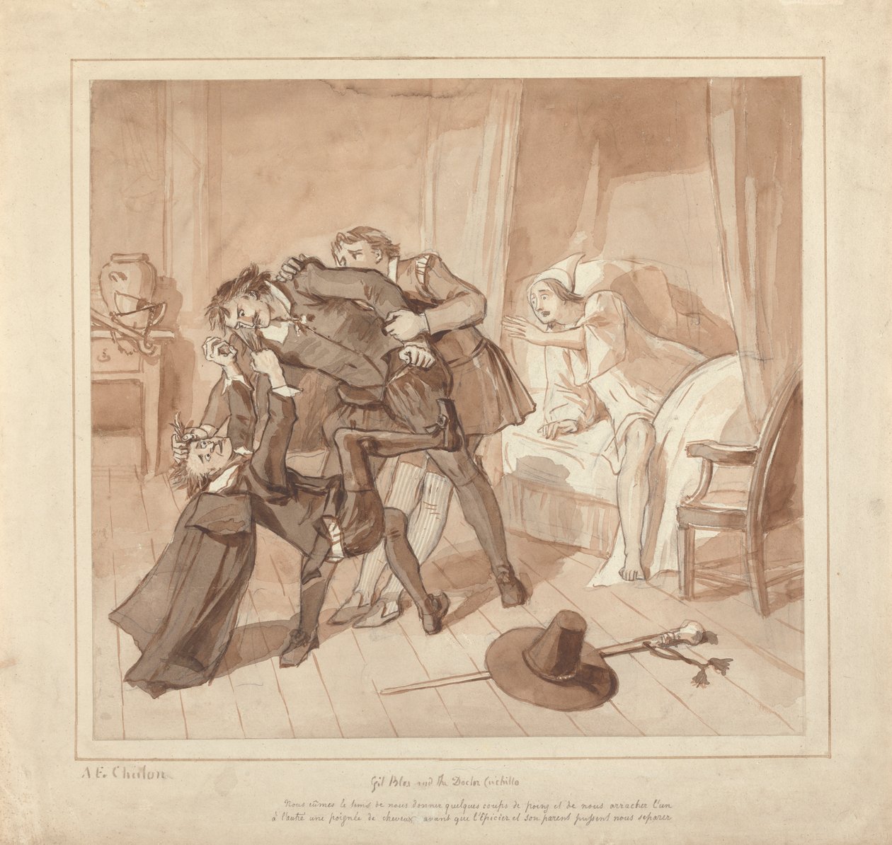 Gil Blas, Terwijl Hij Geneeskunde Beoefent onder Dr. Sangrado, Ontmoet Dr. Cuchillo aan het Bed van de Kruidenier door Alfred Edward Chalon