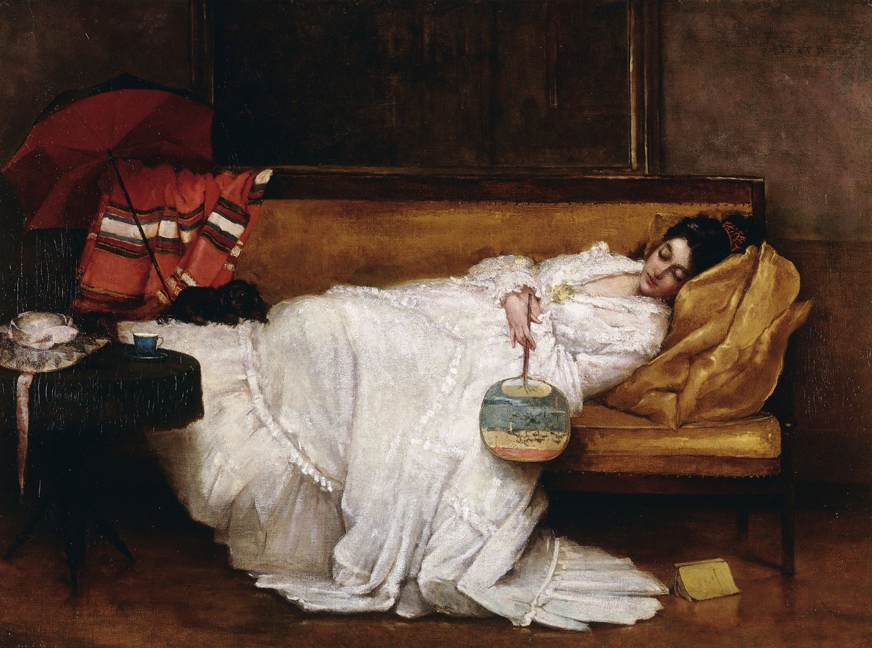 Een meisje met een Japanse waaier slapend op een sofa door Alfred Emile Stevens