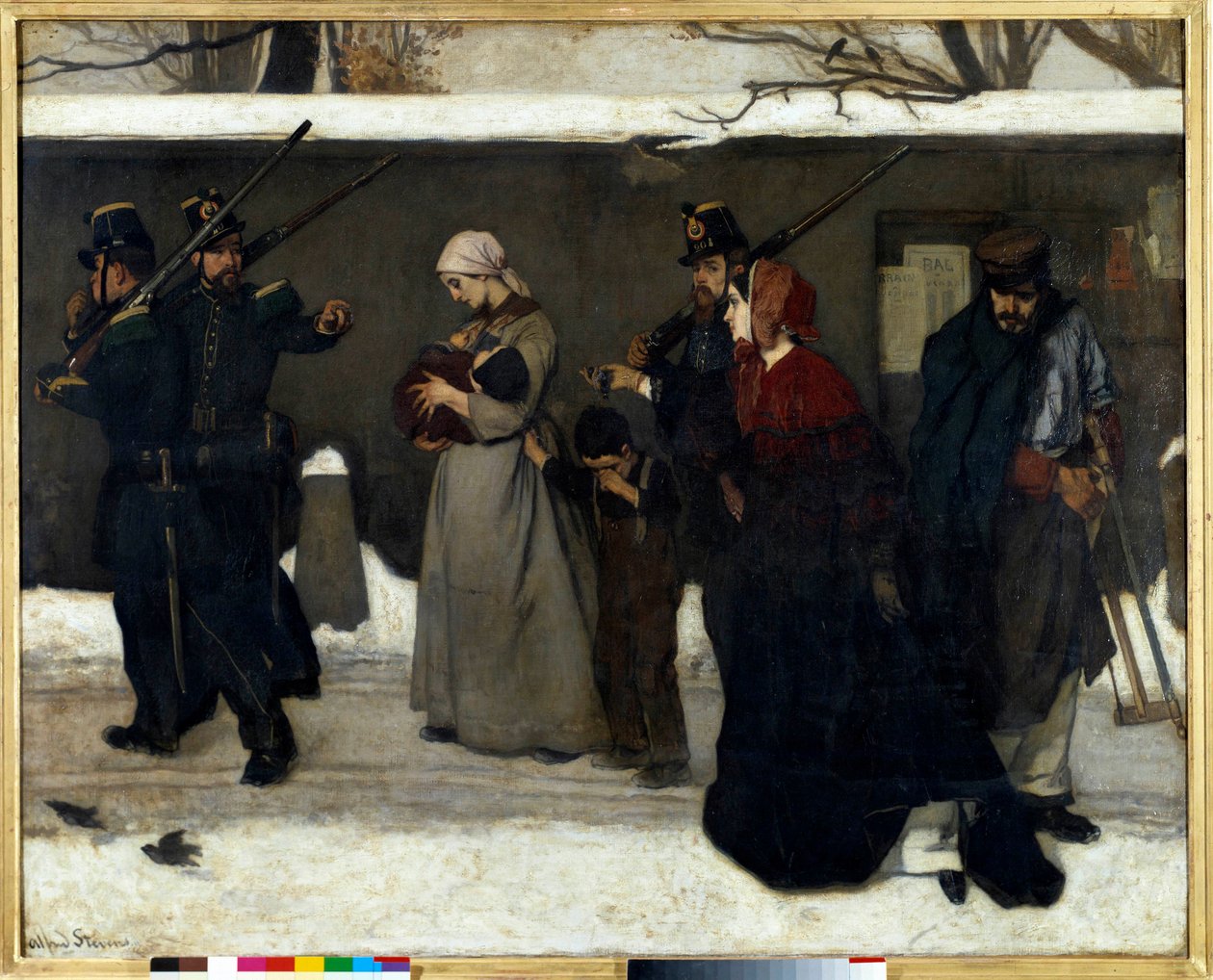 De zogenaamde landloperij zegt ook de jagers van Vincennes. Nationale gardes stoppen families op straat door Alfred Emile Stevens