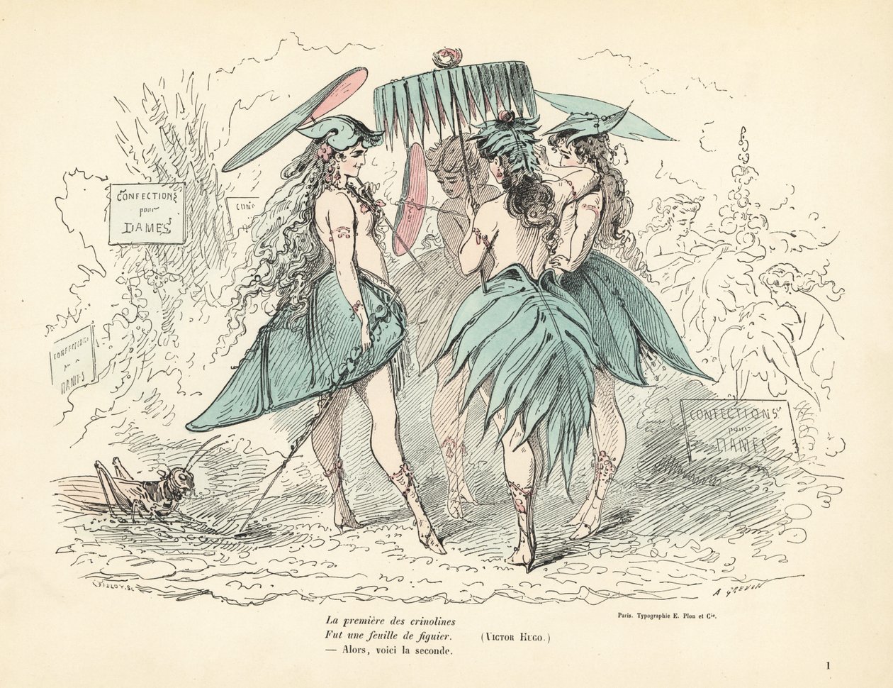 Vrouwen gekleed in vijgenbladjurken en hoeden, met bladeren in hun handen door Alfred Grevin