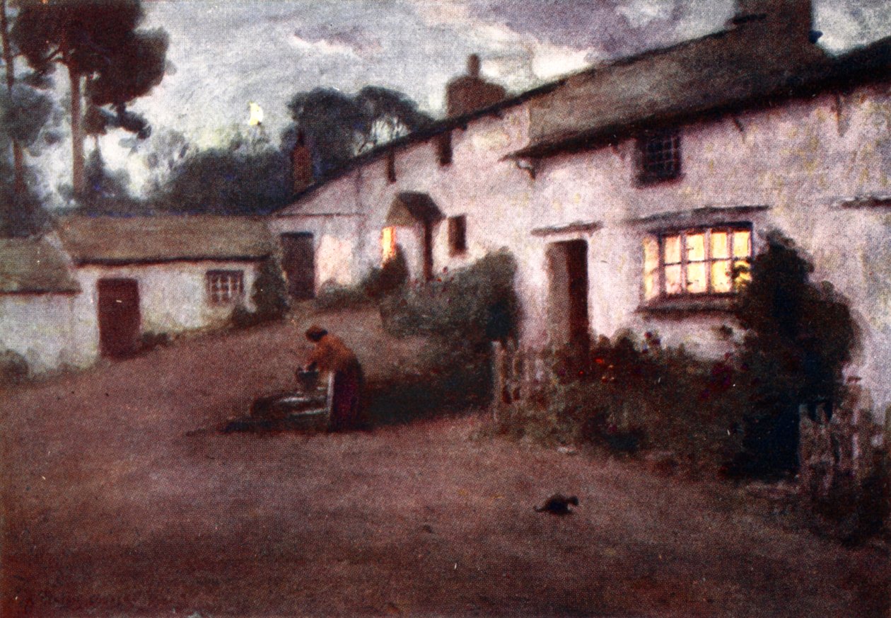 Maanlicht en lantaarnlicht - Consiton Village, uit een portfolio van prints van de originele aquarellen, ca.1920 door Alfred Heaton Cooper