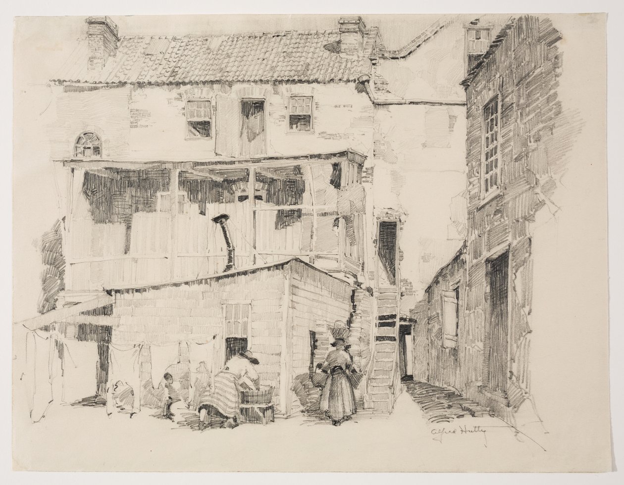 Maandagochtend in Charlestown, ca 1877-1922 (potlood) door Alfred Heber Hutty