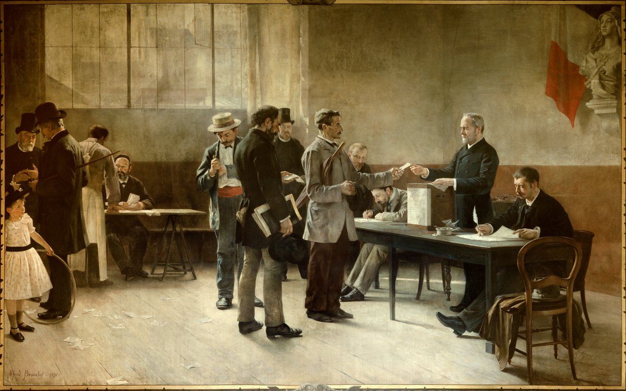 Algemeen kiesrecht Een stembureau in 1891 door Alfred Henri Bramtot