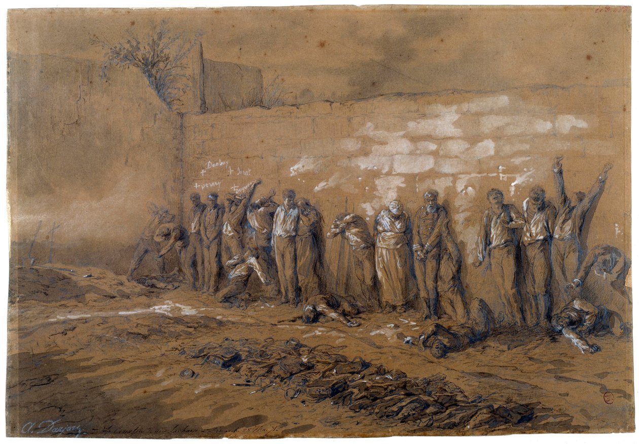 Commune van Parijs: executie van 147 strijders van de Commune aan de muur van de Federes op Pere Lachaise in Parijs op 28/05/1871 door Alfred Henri Darjou