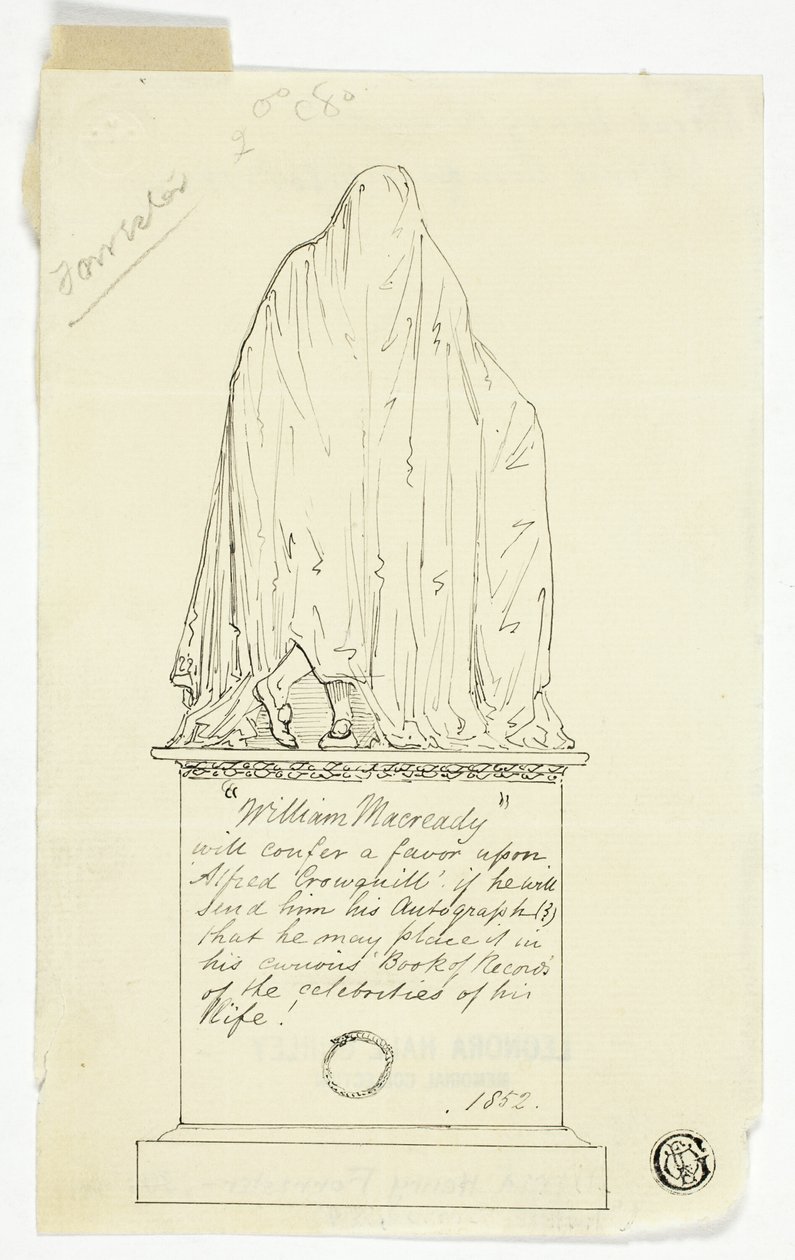 Bezoekkaart met gedrapeerd monument, opschrift kunstenaar door Alfred Henry Forrester