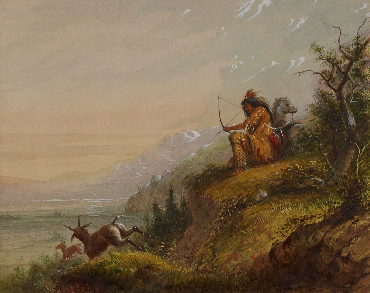 Een Pawnee-indiaan die op een antilope schiet door Alfred Jacob Miller