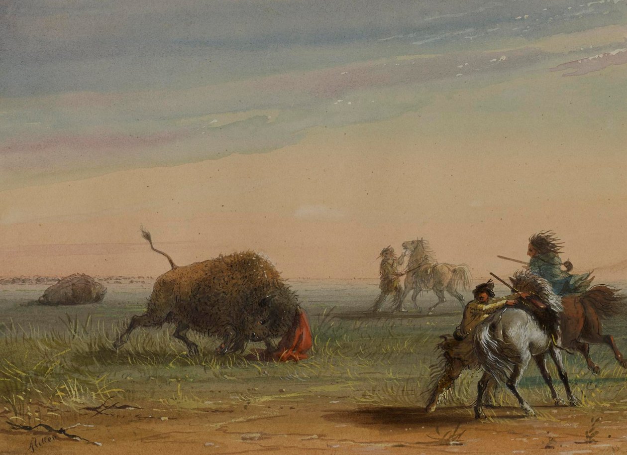 Buffalo keert zich tegen zijn achtervolgers door Alfred Jacob Miller