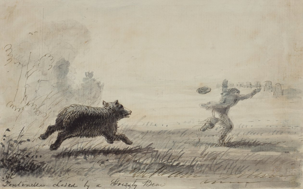Fontenelle achtervolgd door een grizzlybeer door Alfred Jacob Miller