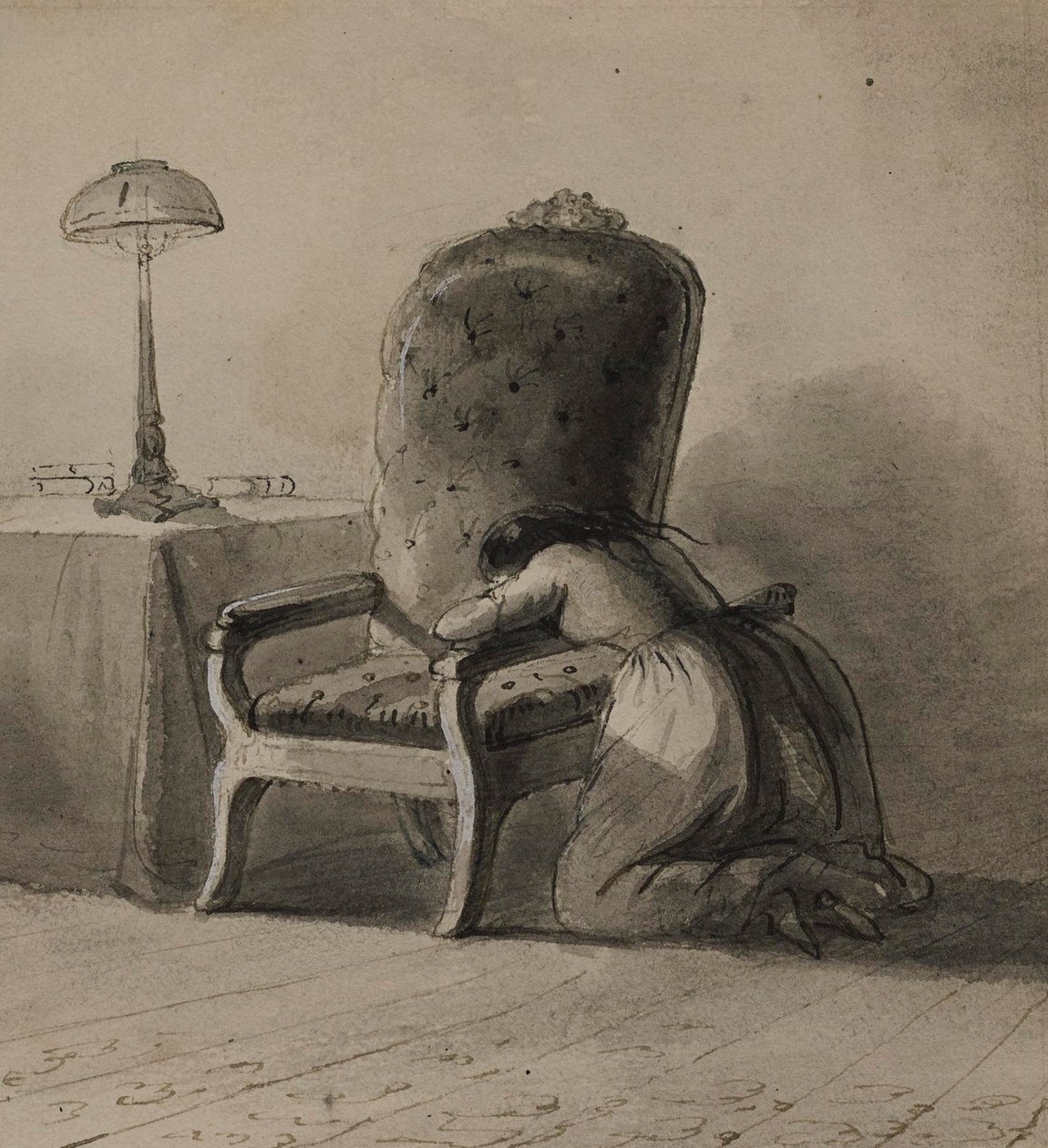 Meisje dat over de armleuning van een stoel gebogen zit door Alfred Jacob Miller