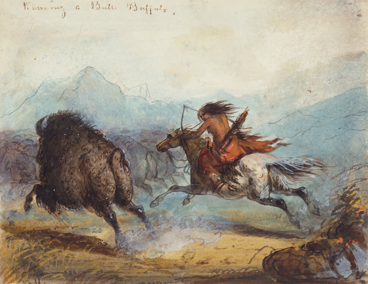 Indiaanse vrouw die een buffel jaagt, c.1858-60 door Alfred Jacob Miller