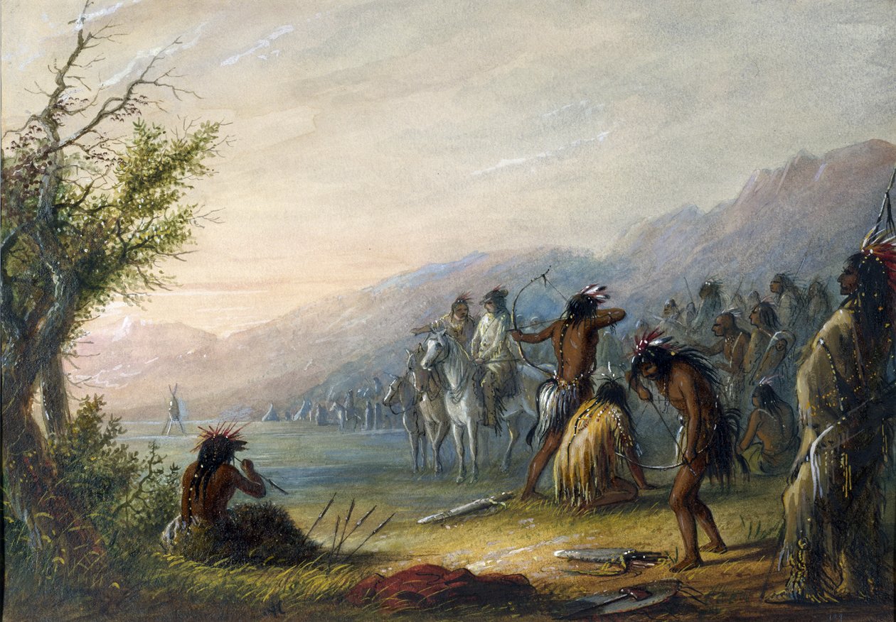 Indianen testen hun bogen door Alfred Jacob Miller