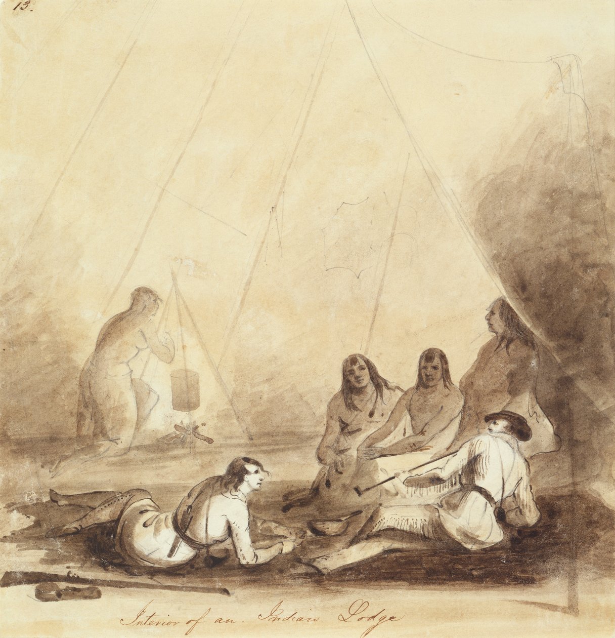 Interieur van een Indianenlodge, c.1837 door Alfred Jacob Miller