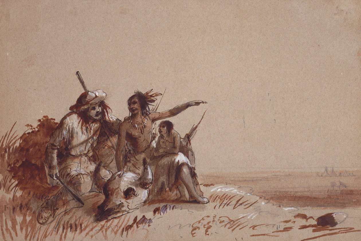 Kansas Indiaan vertelt een jager door middel van tekens over de migratie van buffels, c.1837 door Alfred Jacob Miller