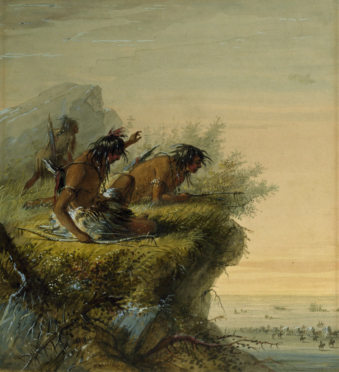 Pawnee-indianen bekijken de karavaan door Alfred Jacob Miller