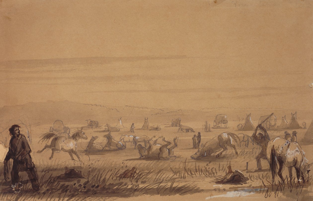 Het kamp bereiken, zadels verwijderen, ca. 1837 door Alfred Jacob Miller