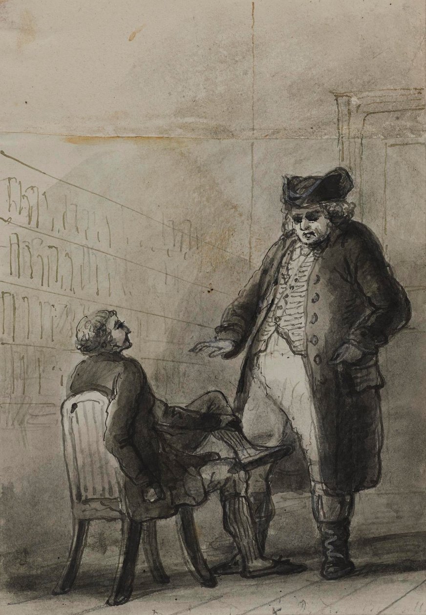 Samuel Johnson en Thomas Davies in een boekhandel (uit: James Boswell, Life of Samuel Johnson, 1791) door Alfred Jacob Miller