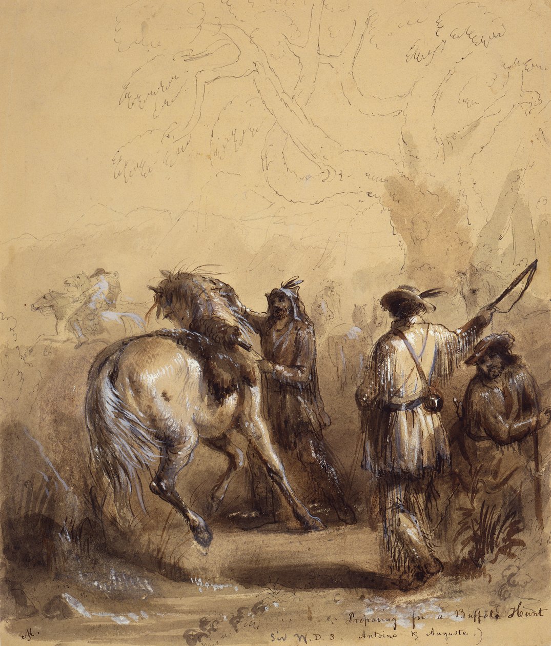 Sir W.D.S., Antoine en Auguste of Voorbereiding op een buffeljacht, ca. 1837 door Alfred Jacob Miller