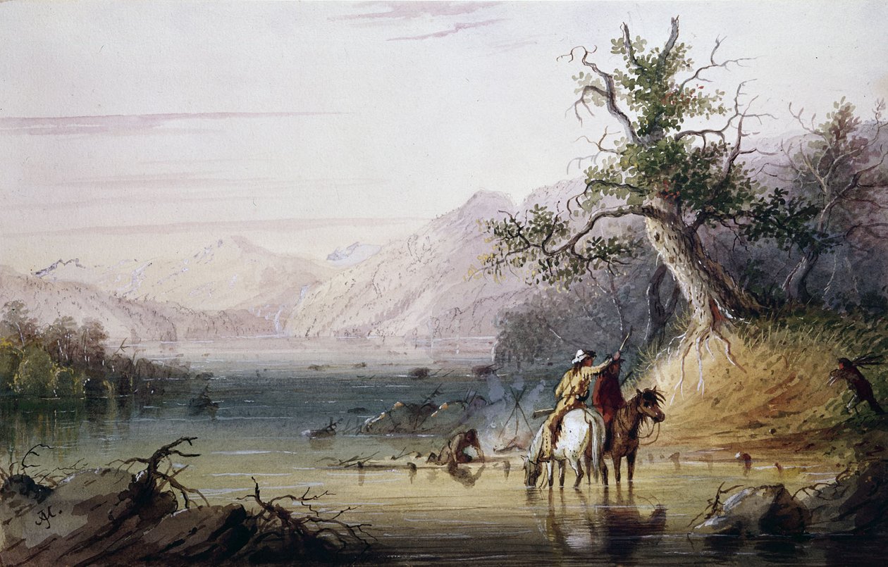Het kamp van de pelsjagers aan de „Big Sandy“-rivier door Alfred Jacob Miller